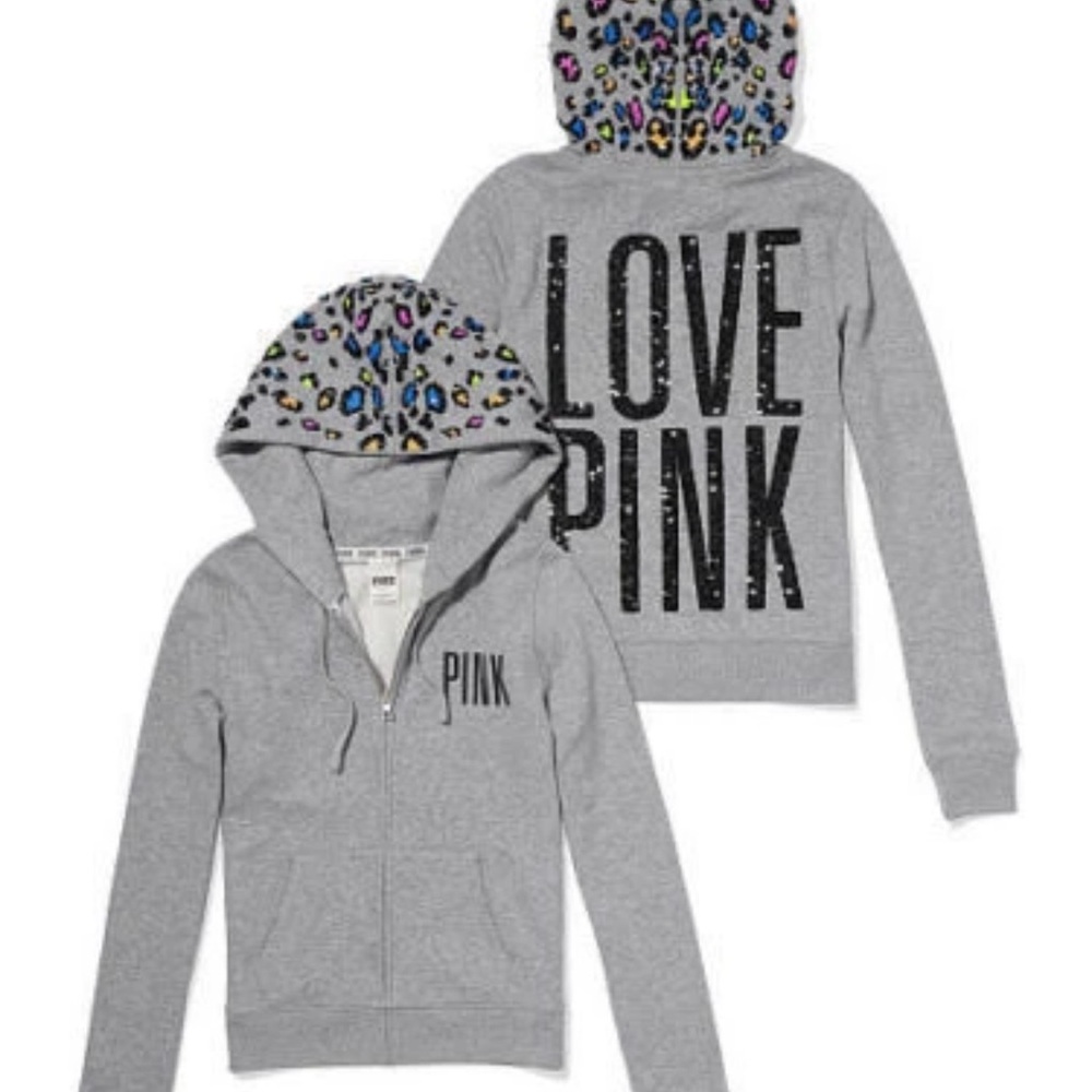 PINK Victoria's Secret Gray Zip-Up Hoodie with Multicolor Leopard Hood